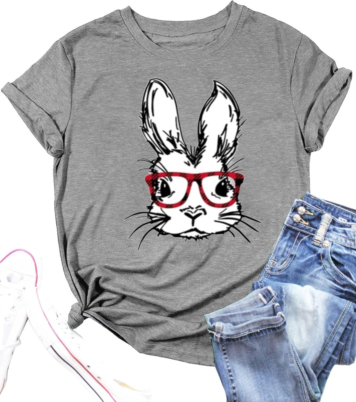 Bunny with Leopard Glasses Shirts for Women Cute Easter Graphic T Shirt Casual Spring Tops Comfortable Tee